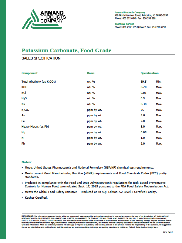 進口美國ARMAND公司產(chǎn)食品級碳酸鉀